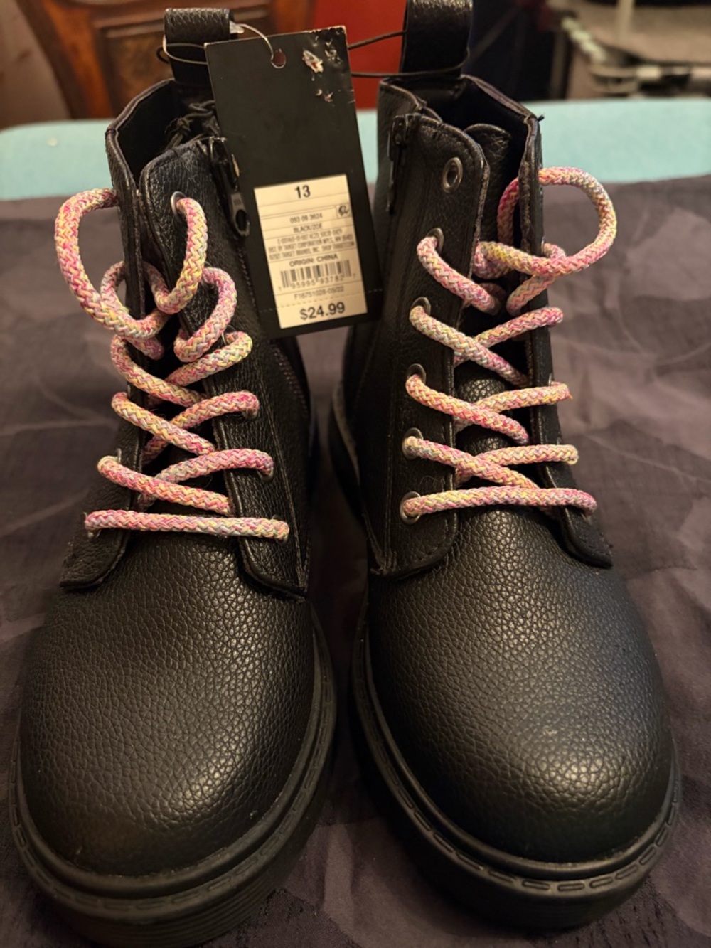 art class Black Combat Boots with Pink Multicolor Braided Laces